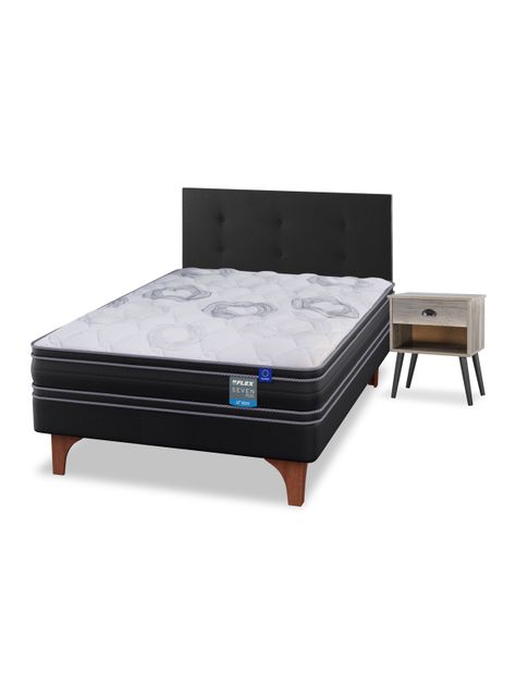 Cama Europea Seven Plus 1.5 Plazas + Respaldo Royal Negro + Velador Rock-0