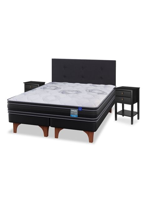 Cama Europea Seven Plus King + Respaldo Royal Negro + Velador Rover-0