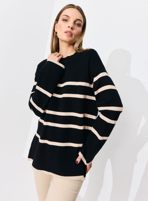 Sweater Listado con Abertura en Costados-0