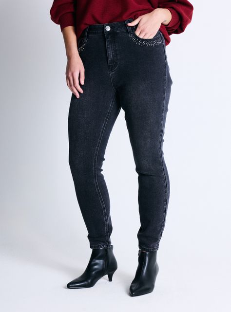 Jeans Bolsillos Delanteros con Brillos Talla Curvy-0