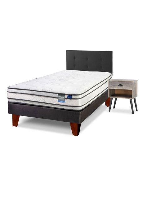 Cama Europea Innova 1.5 Plazas Box + Respaldo Royal Negro + Velador Rock-0