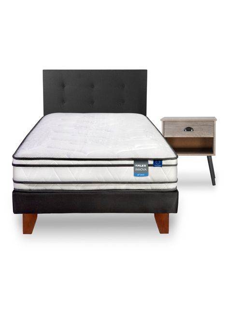 Cama Europea Innova 1.5 Plazas Box + Respaldo Royal Negro + Velador Rock-2