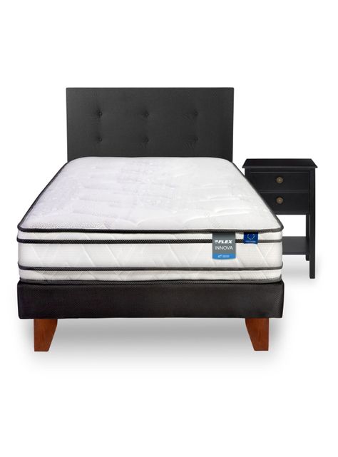 Cama Europea Innova 1.5 Plazas Box + Respaldo Royal Negro + Velador Rover-2
