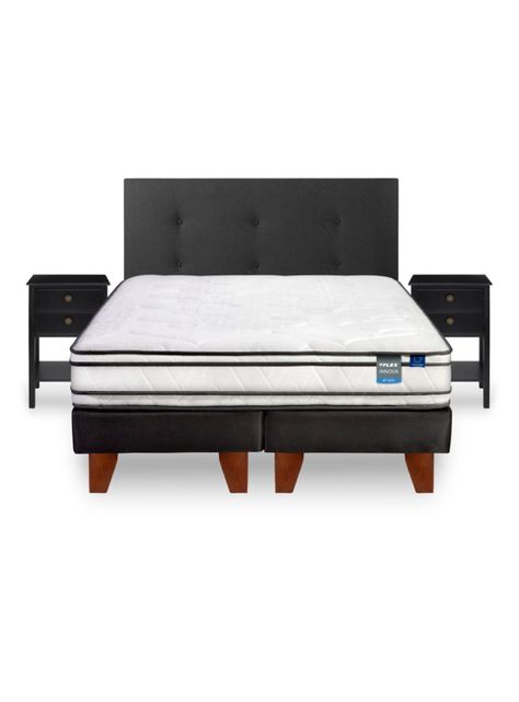 Cama Europea Innova 2 Plazas Box Base Dividida + Respaldo Royal Negro + Veladores Rover-2