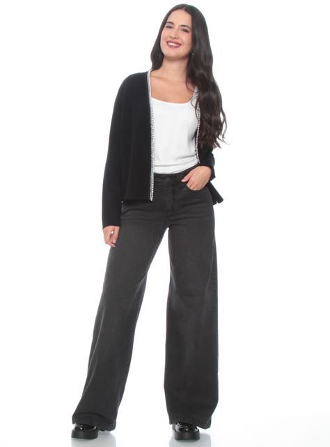 Jeans Wide Leg Tiro Alto Pretina Básica-3