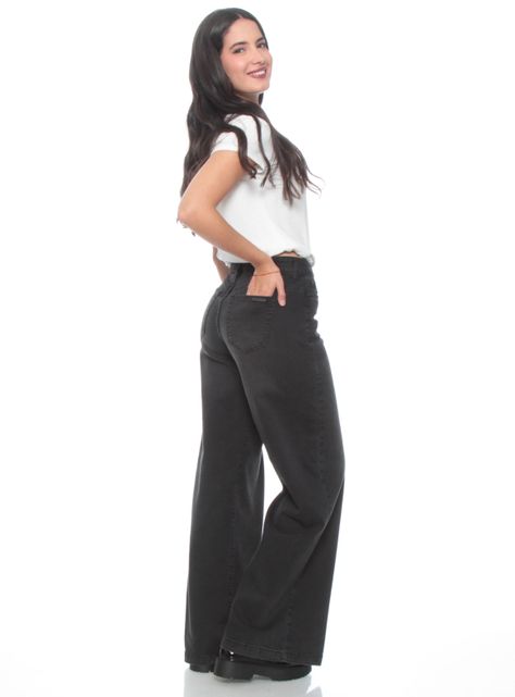 Jeans Wide Leg Tiro Alto Pretina Básica-4