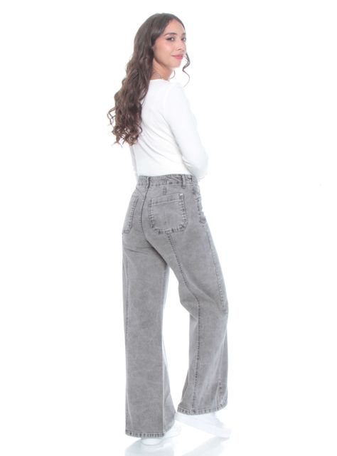 Jeans Wide Leg Tiro Alto Pretina Corte Central-4