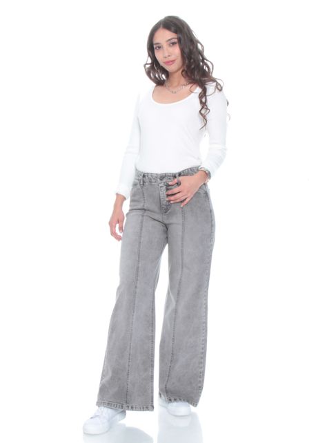 Jeans Wide Leg Tiro Alto Pretina Corte Central-3