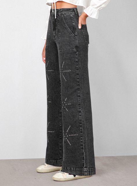Jeans Pants Flores Tachas-2