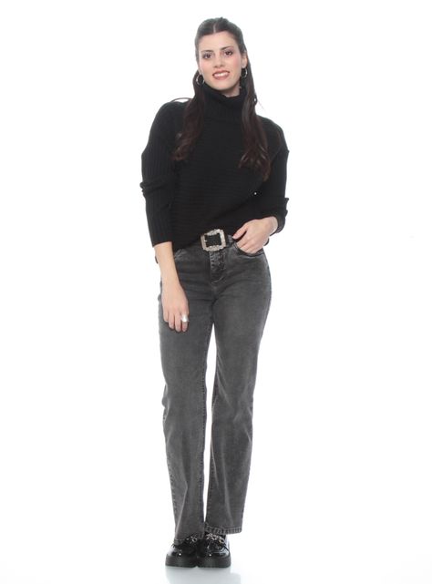 Sweater Manga Sólido con Cuello Alto-3