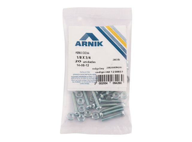 Perno cocina con tuerca 1/8x3/4'' zincado 20 unidades Arnik-1