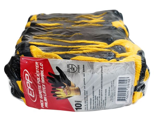 Guante poliéster/látex amarillo/negro 10 pares EPP-2