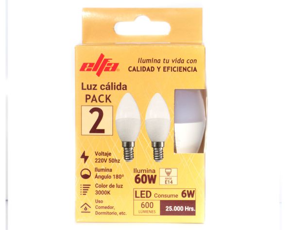 Pack 2 ampolletas Led Vela E14 Cálida 6 W-1