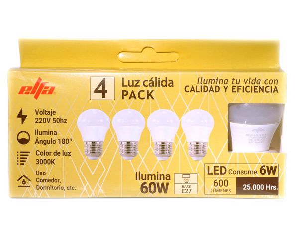 Pack 4 ampolletas Led G45 E27 Cálida 6 W-1