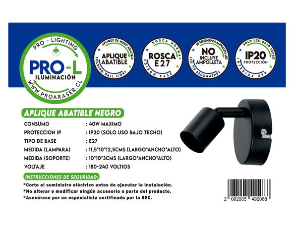 Aplique abatible negro E27 1L-1