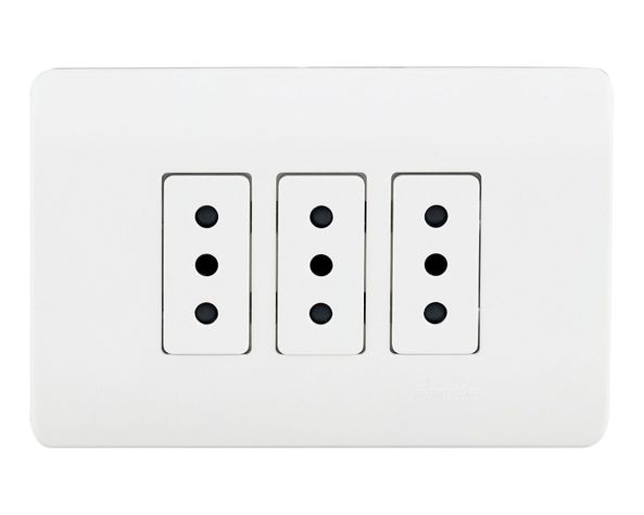 Placa armada tomacorriente triple 10A 2P+T Génesis blanco Schneider-0