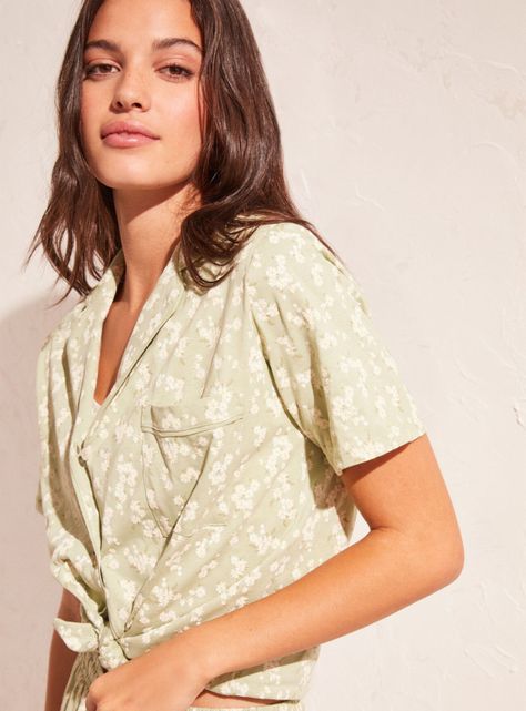 Pijama Camisero 100% Algodón Flores Verde-1