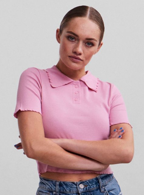 Top Manga Corta Liso con Cuello Camisa-0