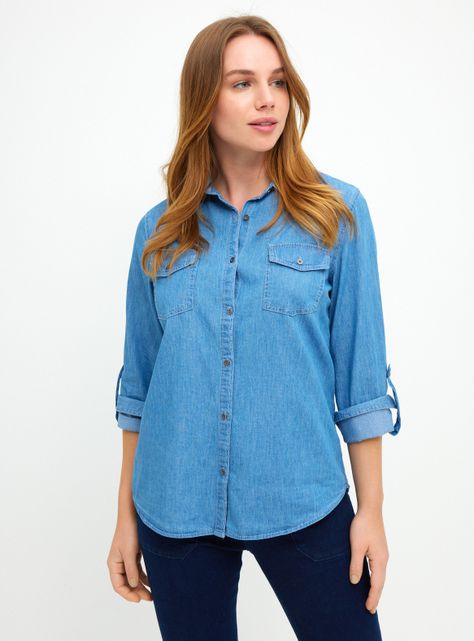 Blusa Denim con Botón Manga Larga-0