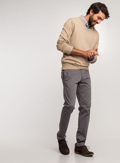 Sweater Beige Color Liso Cuello V-3