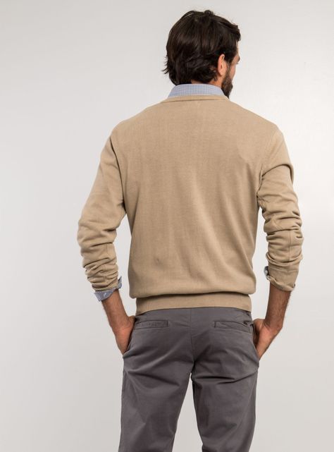Sweater Beige Color Liso Cuello V-1