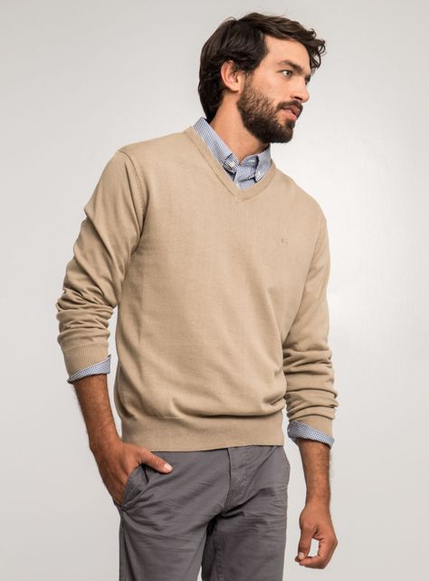 Sweater Beige Color Liso Cuello V-0