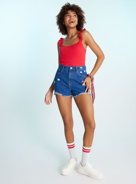 Short Denim con Roturas Tiro Alto-4