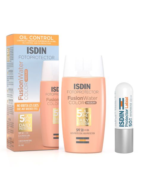 Set Fotoprotector ISDIN Fusion Water Color Medium SPF50 + ISDIN Reparador labial stick-1
