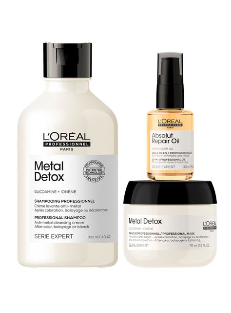 Set Metal Detox Anti-Quiebre Cabello Dañado y con Color Shampoo 300 ml + Máscara 75 ml + Aceite Absolut Repair 30 ml Serie Expert-0