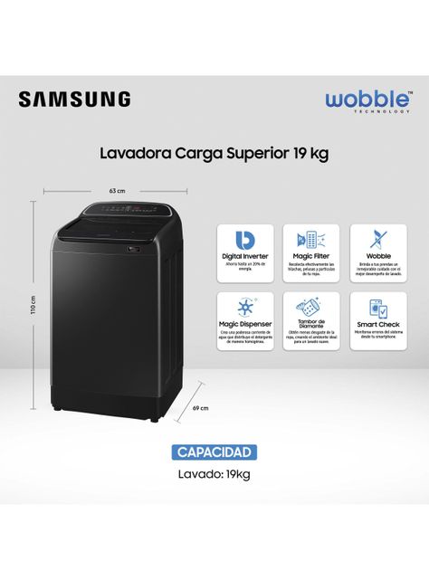 Lavadora Carga Superior 19 kg Digital Inverter WA19T6260BV/ZS-1