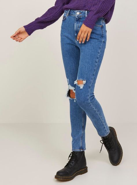Jeans Tiro Medio con Roturas en Rodillas-0