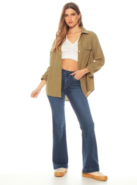 Jeans Flare Tiro Alto Push In Pretina Básica-3