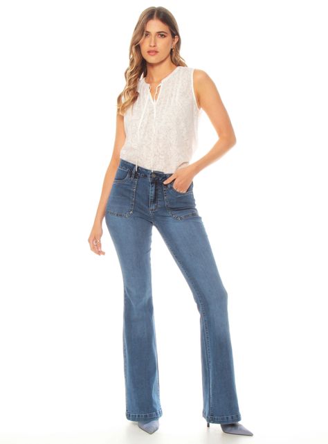 Jeans Cargo Flare Tiro Alto Tachas Pretina 1-3