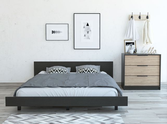 Combo Dormitorio Kaia Wengue Miel: Cama 2 Plazas + Cómoda 3C-1