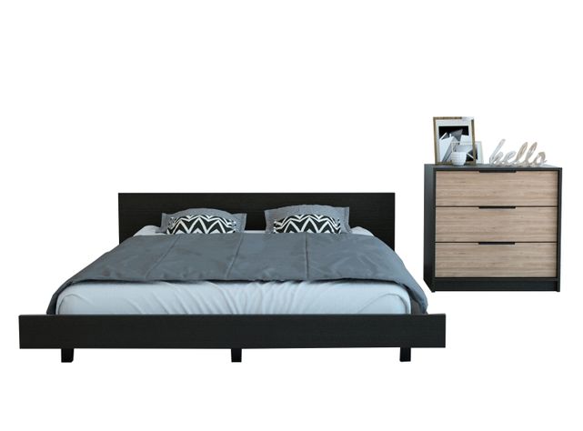 Combo Dormitorio Kaia Wengue Miel: Cama 2 Plazas + Cómoda 3C-0