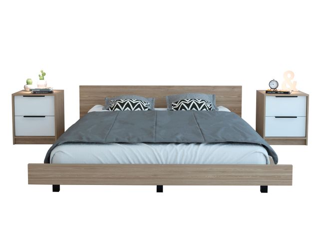 Combo Dormitorio Kaia Miel Blanco: Cama 2 Plazas + Velador-0