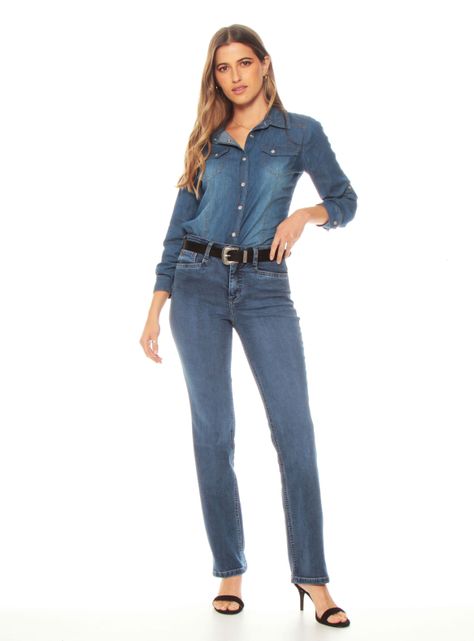 Jeans Básico Recto Tiro Alto Pretina Botón 1-3