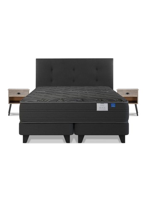 Cama Europea Black 2 Plazas Base Dividida + Respaldo Royal Negro + Velador Rock-1