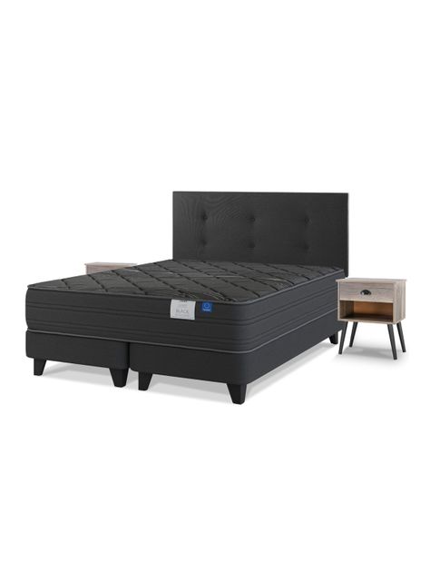 Cama Europea Black 2 Plazas Base Dividida + Respaldo Royal Negro + Velador Rock-0