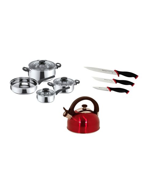 Batería Cocina Deliss + Set Cuchillos AB + Tetera Sabal Roja-0