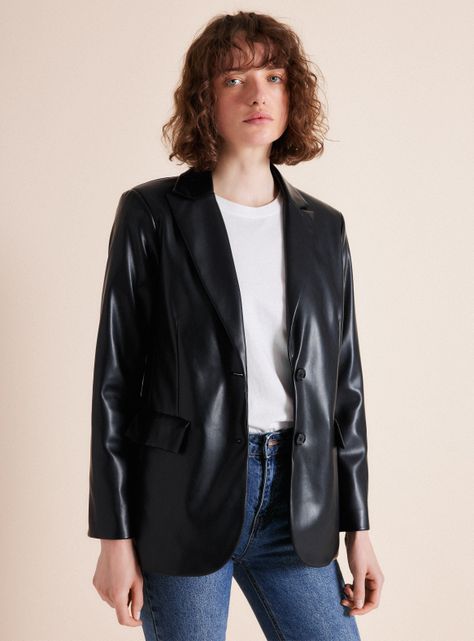Blazer Botón Efecto Cuero-0
