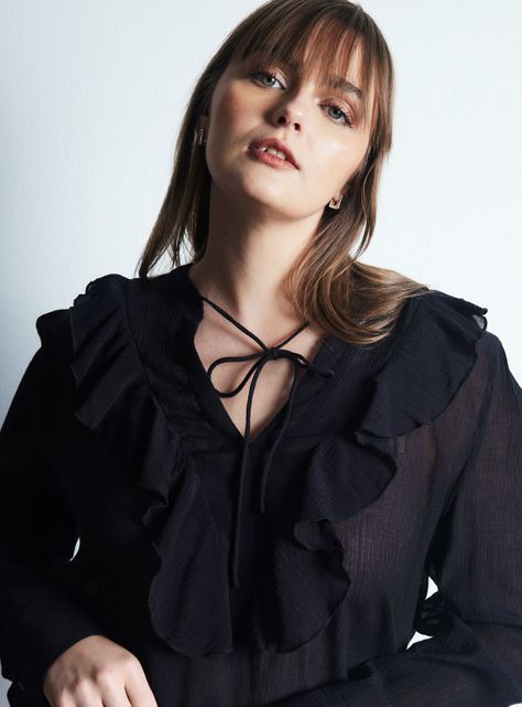 Blusa Mangas Abullonadas con Escote y Vuelos-8