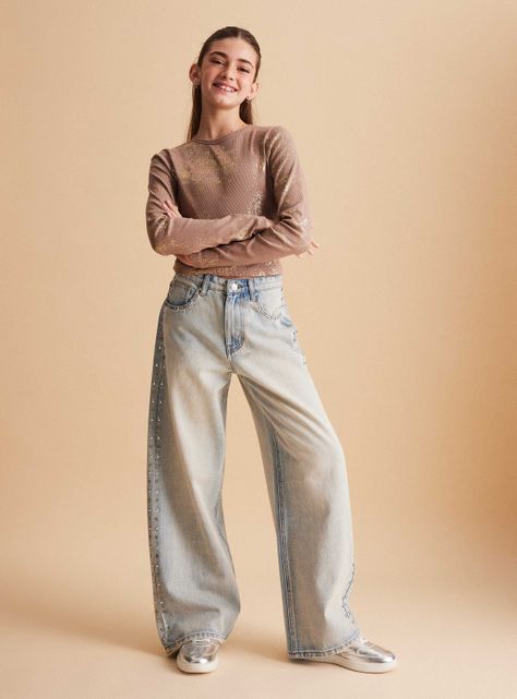 Jeans Wide Leg con Tachas Metálicas-0