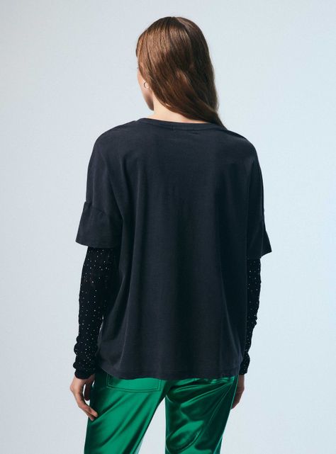 Polera Lavada con Manga Larga de Encaje con Strass-1