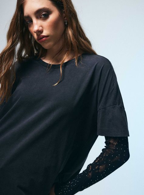 Polera Lavada con Manga Larga de Encaje con Strass-2