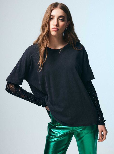 Polera Lavada con Manga Larga de Encaje con Strass-0
