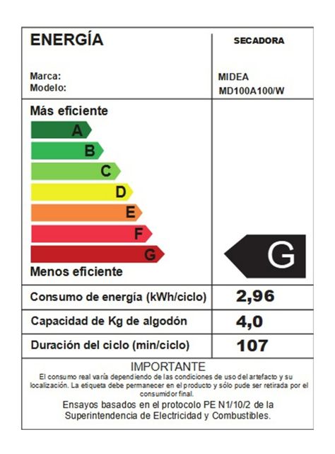 Secadora Eléctrica Ventilación Frontal 10 Kg MD100A100/W-6