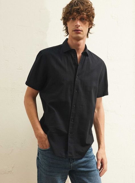 Camisa Básica Algodón Lino Manga Corta-0