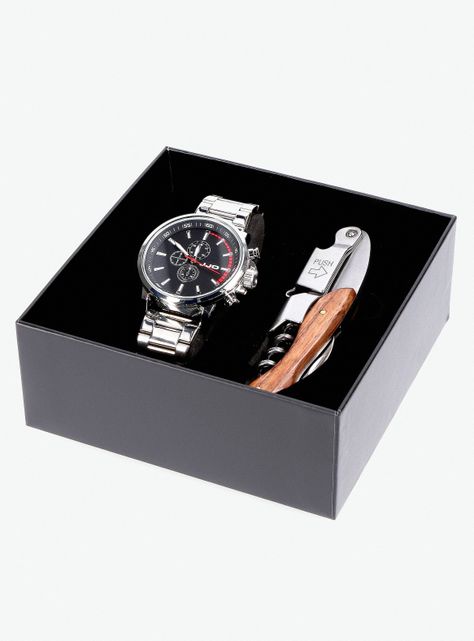 Pack Reloj Análogo Plata de Hombre + Descorchador-5