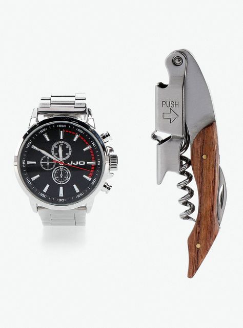 Pack Reloj Análogo Plata de Hombre + Descorchador-1